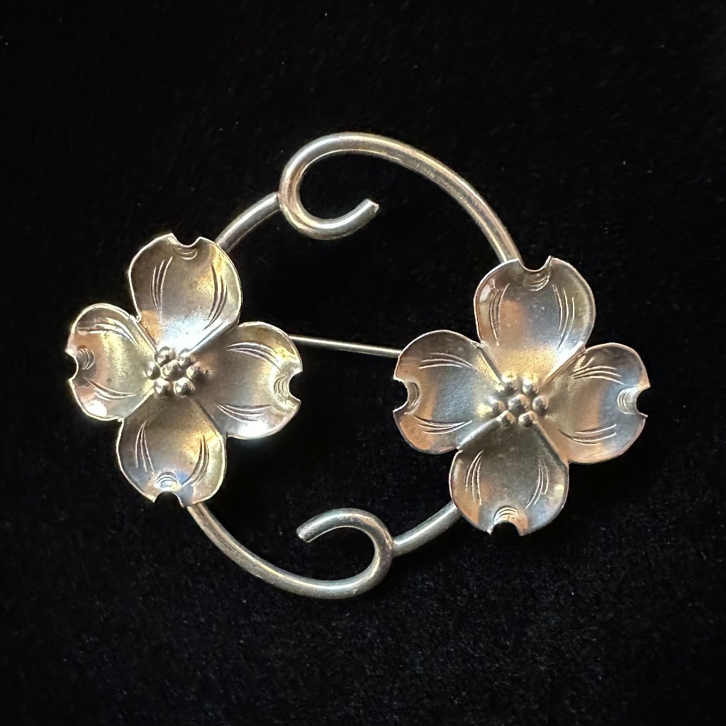 Vintage Sterling Double Dogwood Flower Brooch By Stuart Nye